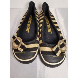 Rocket Dog Black & Gold slip on s with bow buckle size 8